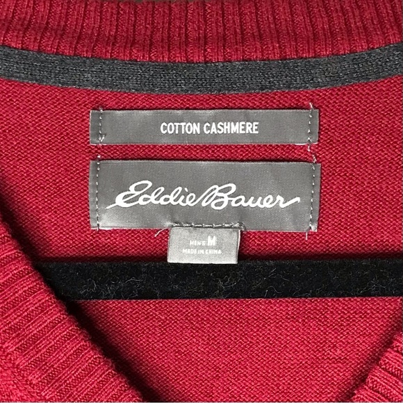 Eddie Bauer Pullover Sweater Red Cotton Cashmere V-Neck Collar Men’s Medium - Picture 4 of 11
